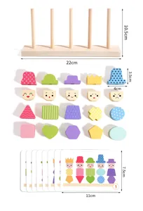Wooden shape sorting toy detail showing dimensions, stacking pegs, and colorful geometric blocks.