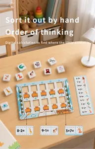 Wooden math toy detail view showing animal seat matching puzzle pieces and calculation game.