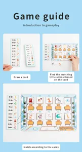 Educational math toy game guide and card matching details showing how kids learn numbers and animals.