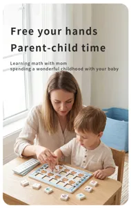 Detailed shot of mother and child playing wooden math puzzle game together in cozy room scene.
