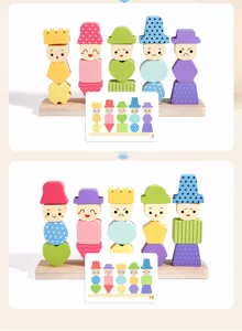 Close up view of wooden educational stacking toy with geometric shapes and matching cards.