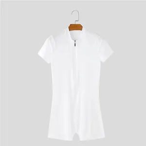 Men's white short sleeve front zipper bodysuit slim fit stretchy clubwear one-piece