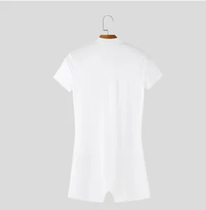 Back view of men white short sleeve knit bodysuit detail, elastic slim apparel top.