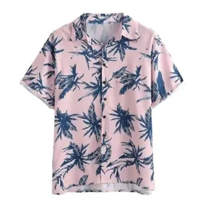 Men's short sleeve Hawaiian shirt in pink with blue palm tree print for summer beach casual wear.