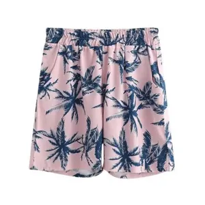 Summer casual beach shorts with pink and blue tropical palm tree print and elastic waist.