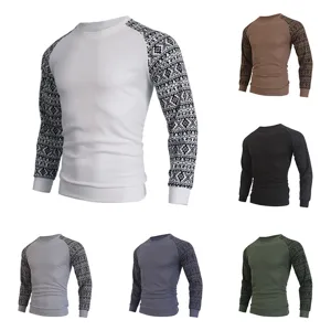 Men's Casual Long Sleeve Waffle Knit Sweater Slim Fit Crew Neck Raglan Geometric Print Pullover Top