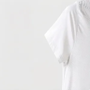 White men short sleeve knitted bodysuit detail view, breathable fabric for summer fashion style.