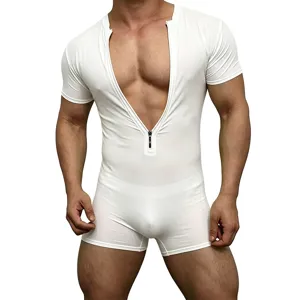 Men white short sleeve romper deep v zipper slim fit bodysuit sexy clubwear casual apparel