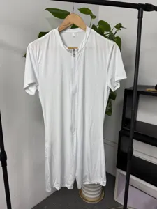 Men's white short sleeve zip-up knit onesie slim fit clubwear fashion detail showcase.