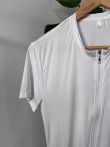 Men white short sleeve zip bodysuit detail, high elastic knitted slim fit apparel for daily wear.