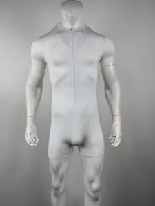 Detail view of men's white short-sleeve bodysuit with deep V zipper and slim knit fit.