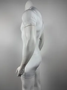 Men's white short sleeve slim fit knit bodysuit detail view, perfect for stylish clubwear.