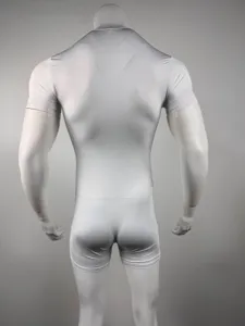 Men's short sleeve tight bodysuit back view detail, white high elastic knit slim clubwear.