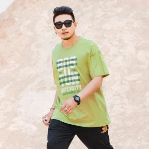 Men's green short sleeve round neck casual loose fit t-shirt with Boston University print.