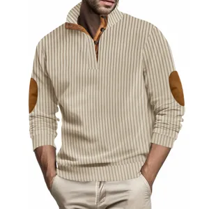 Men casual stand collar striped long sleeve sweater with elbow patches and buttons.