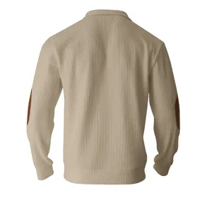 Mens casual slim fit stand collar long sleeve sweater jacket with elbow patch stripe design