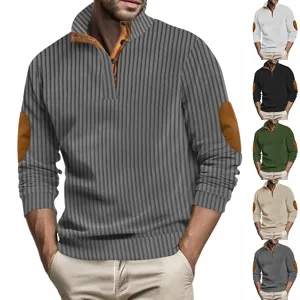Men casual slim fit quarter zip sweater with elbow patches and textured stripes for daily wear.