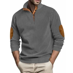 Men's casual stand collar long sleeve sweatshirt with jacquard stripes and patches.