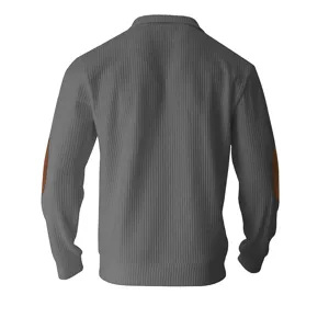 Men casual stand collar long sleeve sweater jacket grey ribbed stripe back view detail