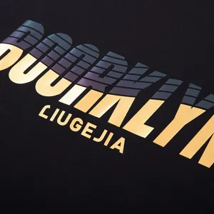 Plus size fashion printed t-shirt with metallic gradient letter graphic for summer wear.