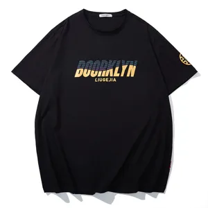 Plus size men casual black short sleeve t-shirt with trendy brooklyn gold print design summer.