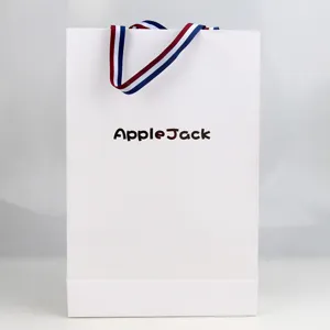 White Cardboard Gift Bag With Ribbon Handle Gold Silver Hot Stamping Logo Shopping Packaging Paper Bag For Party