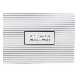 Detailed view of the thick striped gift box packaging for the luxury bath towel set.