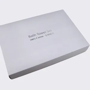 White cotton bath towel set gift box packaging detail view showing clean paper texture.
