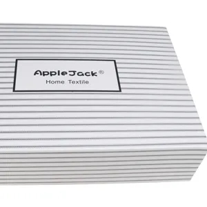 Detail view of the striped gift packaging box featuring clear brand logo and texture.