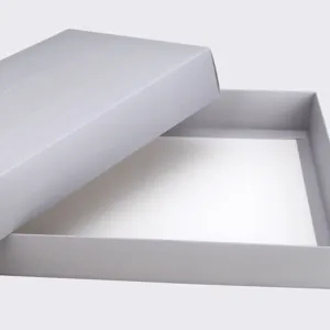 Grey gift box detail shot for towel set packaging, sturdy solid cardboard construction.