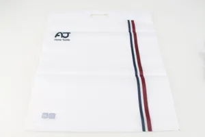 White frosted plastic packaging bag for home textile towel storage with stripe design.