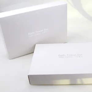 White paper gift box packaging detail for bath towel set, clean minimalist design presentation.