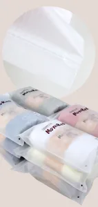 Detailed view of frosted plastic zipper packaging bag for towels, showing texture and closure.