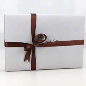 White Copperplate Paper Gift Box With Ribbon Silver Logo Packaging Box For Towel Home Storage And Organization