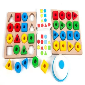 Wooden geometric shape matching puzzle game for kids early education interactive toy set.