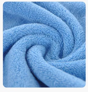 Close-up of soft blue cotton towel texture, showing dense absorbent loops and fine quality details.