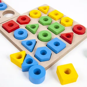 Wooden geometric shape sorting puzzle board for kids, early educational matching toy.