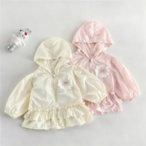 Bébé Filles Mince Capuche Cardigan Veste Été Manches Longues Volants Nœud Couleur Unie Vêtements d'Extérieur Décontractés