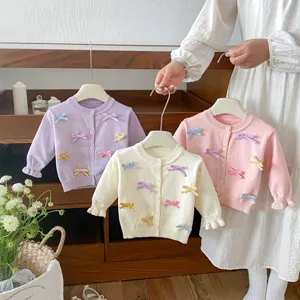 Sweet Toddler Baby Girls Knit Cardigan Cute Bowknot Long Sleeve Crew Neck Sweater Coat Korean Style Children Outwear