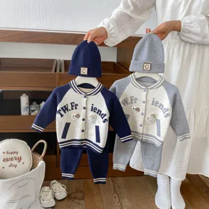 Ensemble Tricot Bébé Enfant Cardigan Baseball Couleur Contrastée Pantalon Bonnet Hiver