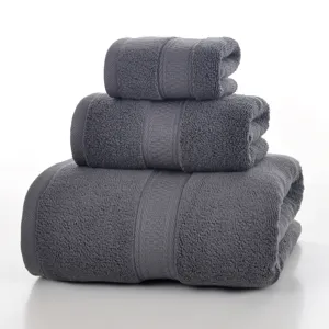 Grey 100% cotton towel three piece set for soft absorbent home and bathroom daily use.