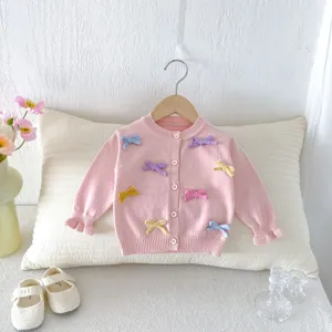 Baby girl sweet pink knitted cardigan sweater with cute colorful bows toddler autumn outer wear