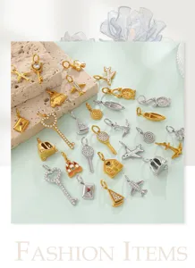 Collection of assorted gold and silver jewelry charms including airplane and key shapes