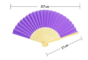 Detailed size specifications for the purple folding paper fan with bamboo frame ribs.
