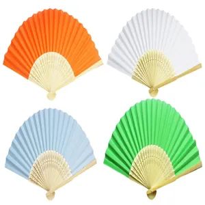 Variety of 7-inch DIY blank paper fans in four vibrant colors with bamboo ribs.