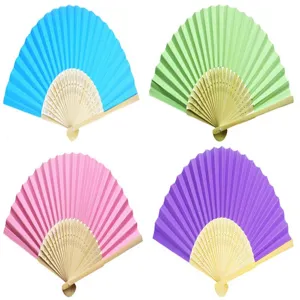 Detailed view of colorful 7 inch DIY folding paper fans with decorative bamboo ribs