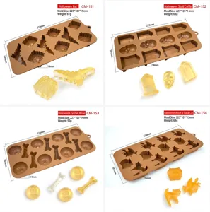 Detailed view of four Halloween-themed silicone molds with bats, skulls, and bones