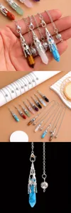 Detailed view of natural stone hexagonal prism dowsing pendulums in multiple colors.