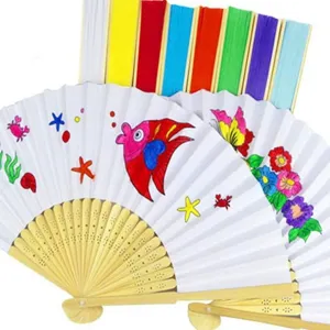 7-inch DIY white paper fans for weddings with bamboo ribs featuring colorful drawings