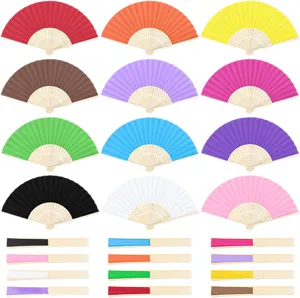 Set of 12 colorful handheld folding fans with bamboo ribs for DIY wedding favors.